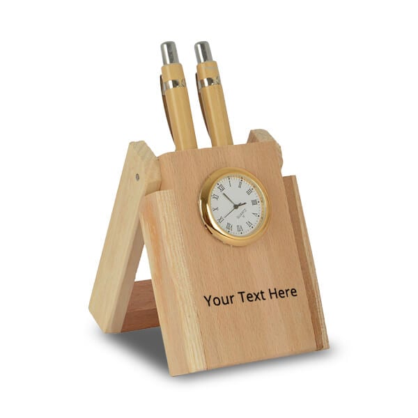 Customized Wooden Pen Stand with Analog Watch and 2 Pens-JMDEnterprises