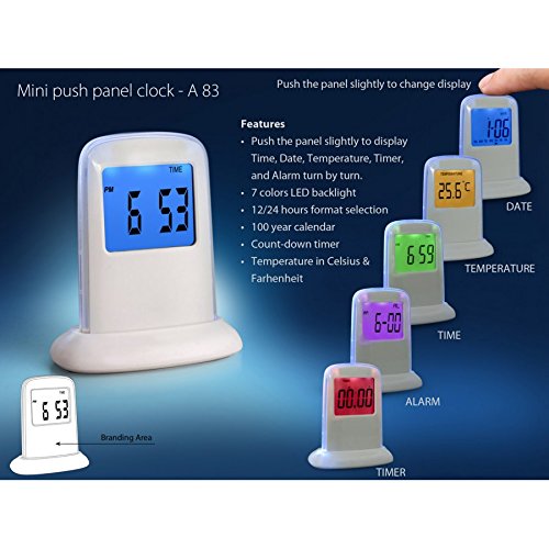 About this item Push the panel slightly to display Time, Date, Temperature, Timer, and Alarm turn by turn. 7 colors LED backlight 12/24 hours format selection 100 year calendar Count-down timer Temperature in Celsius & Farhenheit