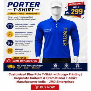 Customized Blue Polo T-Shirts with Logo Printing | Corporate Uniform & Promotional T-Shirt Manufacturer India - JMD Enterprises