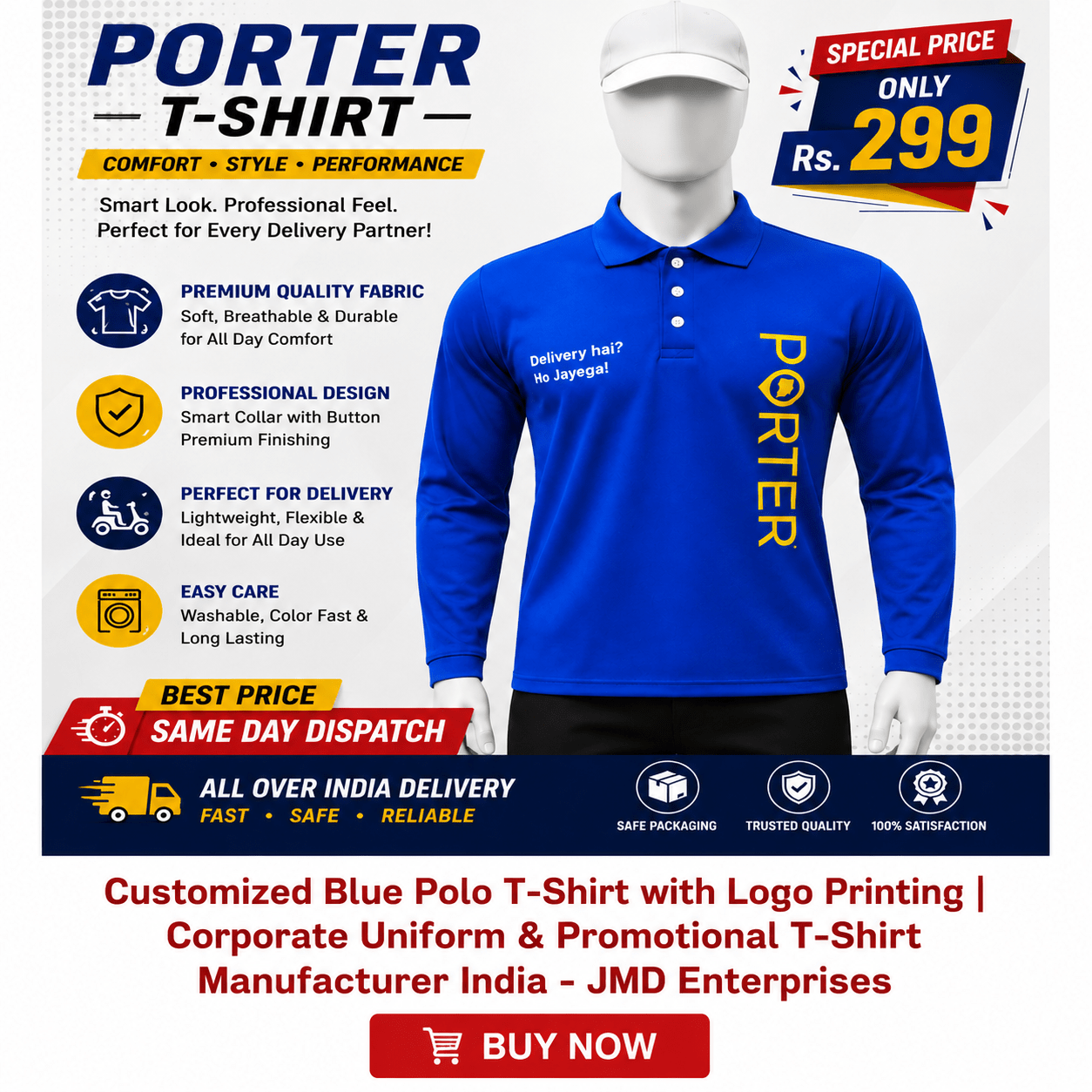 Customized Blue Polo T-Shirts with Logo Printing | Corporate Uniform & Promotional T-Shirt Manufacturer India - JMD Enterprises
