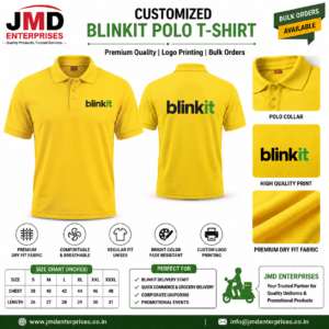 Buy Customized Blinkit T-Shirts from JMD Enterprises. Premium delivery uniform T-shirts with custom logo printing, dry-fit fabric, and bulk manufacturing across India.