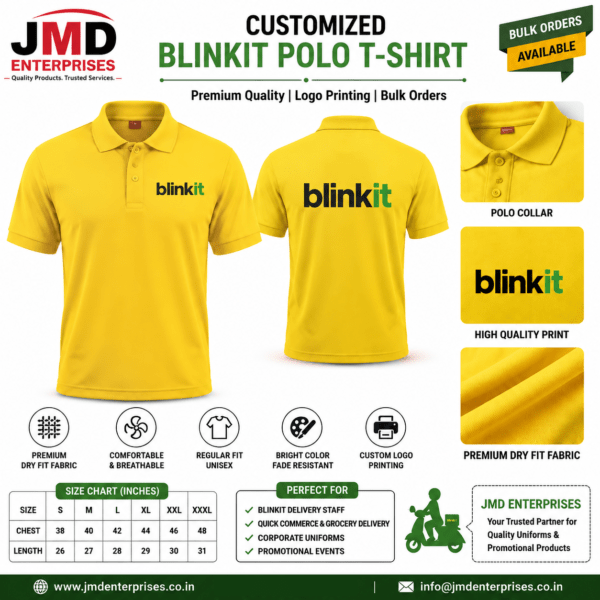Buy Customized Blinkit T-Shirts from JMD Enterprises. Premium delivery uniform T-shirts with custom logo printing, dry-fit fabric, and bulk manufacturing across India.