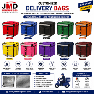Buy premium waterproof insulated delivery backpacks with silver foil thermal insulation for food delivery, grocery delivery and courier services. Customized logo printing, bulk orders, OEM manufacturing and Pan India delivery by JMD Enterprises.
