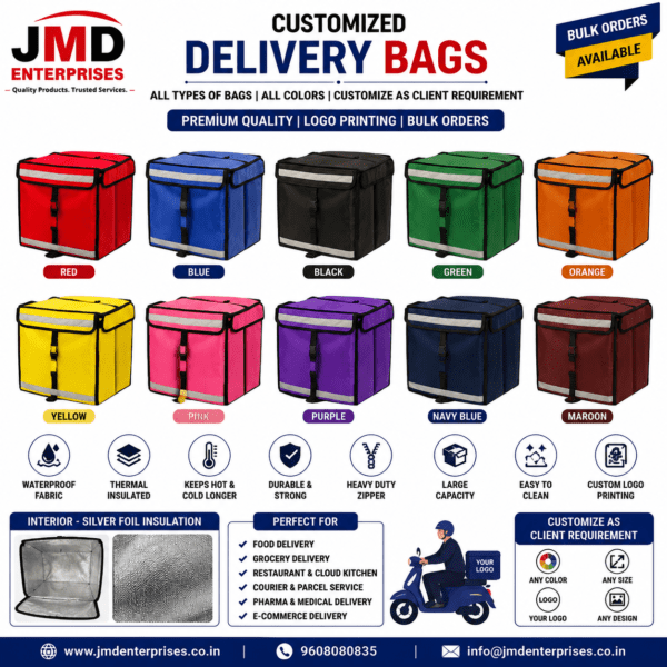 Buy premium waterproof insulated delivery backpacks with silver foil thermal insulation for food delivery, grocery delivery and courier services. Customized logo printing, bulk orders, OEM manufacturing and Pan India delivery by JMD Enterprises.