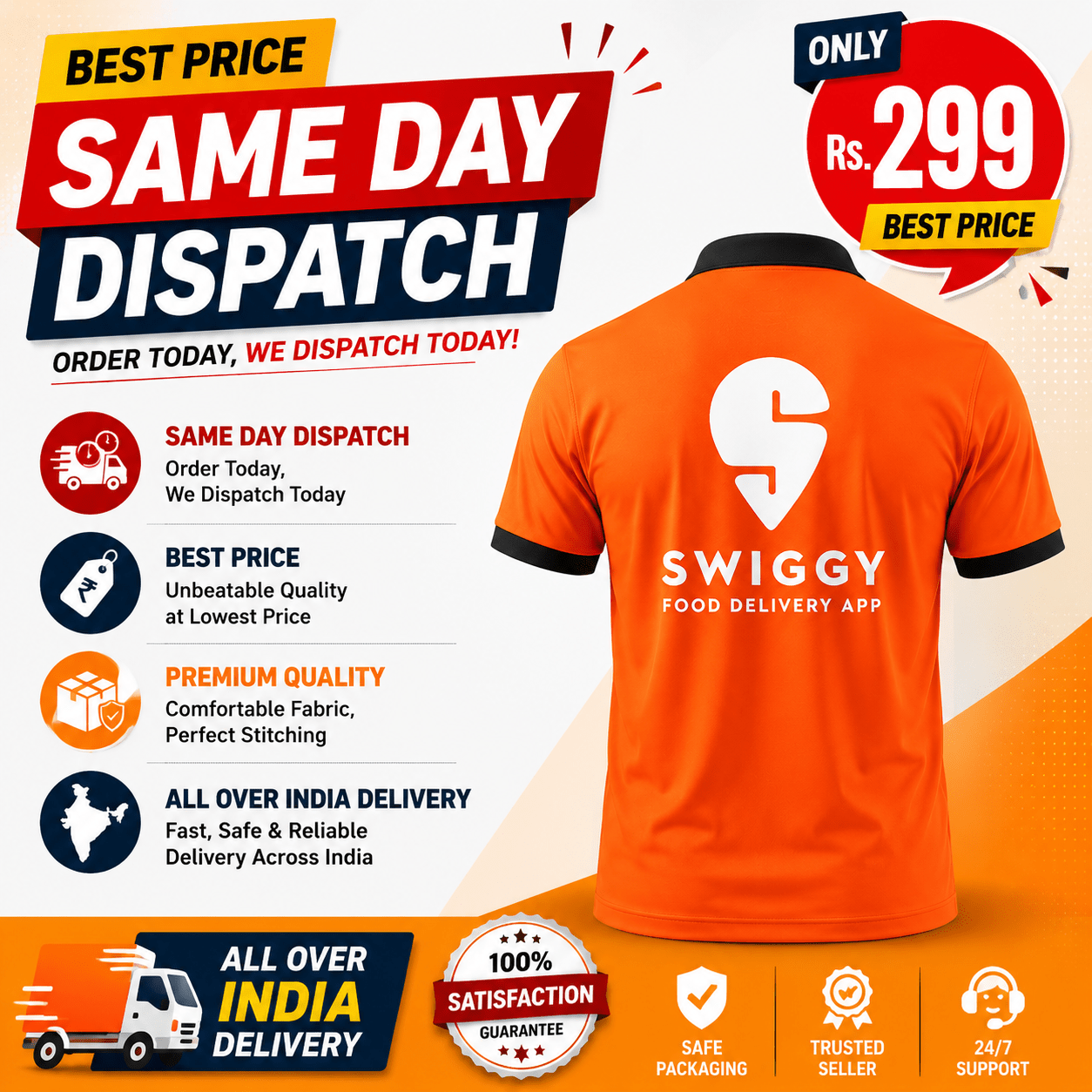 Cotton Orange Promotional Swiggy T Shirt