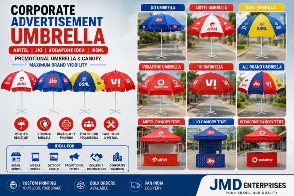 Corporate Advertisement Umbrella | Airtel, Jio & Vodafone Idea Promotional Umbrella – JMD Enterprises Short Description
