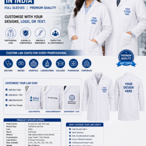 Buy Lab Coats With Logo online in India from JMD Enterprises. Full-sleeve custom lab coats with logo, name, text or design. Multiple sizes, bulk orders and Pan India delivery.