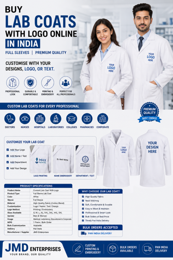 Buy Lab Coats With Logo online in India from JMD Enterprises. Full-sleeve custom lab coats with logo, name, text or design. Multiple sizes, bulk orders and Pan India delivery.