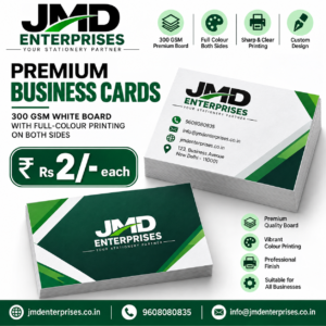 Buy premium 300 GSM business cards with full-colour front & back printing. Custom design, bulk orders and door delivery across India by JMD Enterprises.
