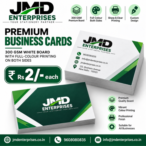 Buy premium 300 GSM business cards with full-colour front & back printing. Custom design, bulk orders and door delivery across India by JMD Enterprises.
